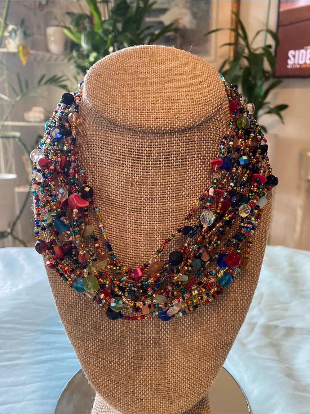 VINTAGE MULTI-STRAND MULTICOLOR BEADED STATEMENT NECKLACE